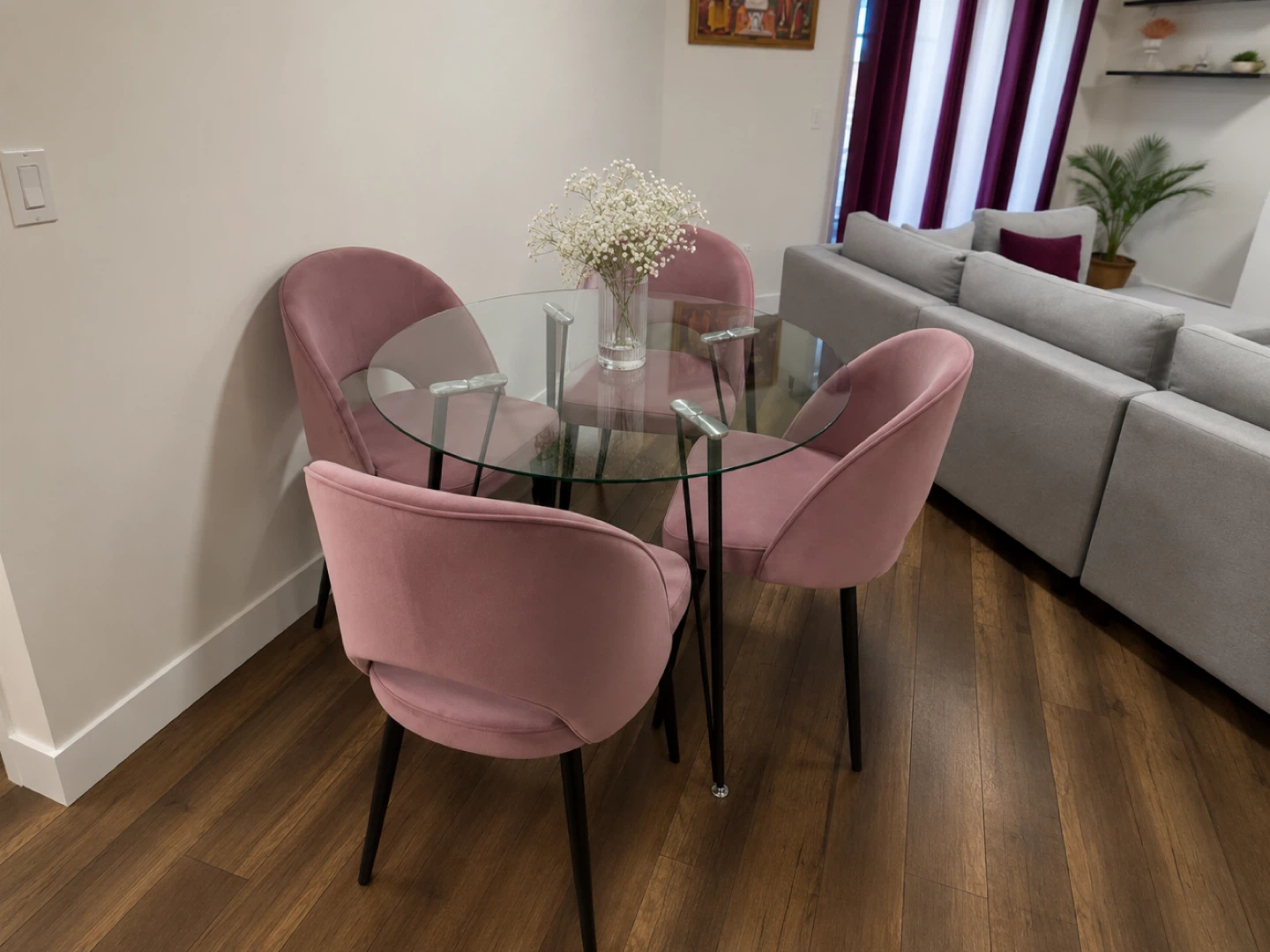 Glass Top Dining Table with 2 Pink Velvet Chairs