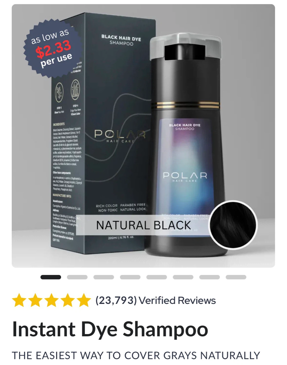 Polar Hair Care Black Hair Dye Shampoo - Natural Black