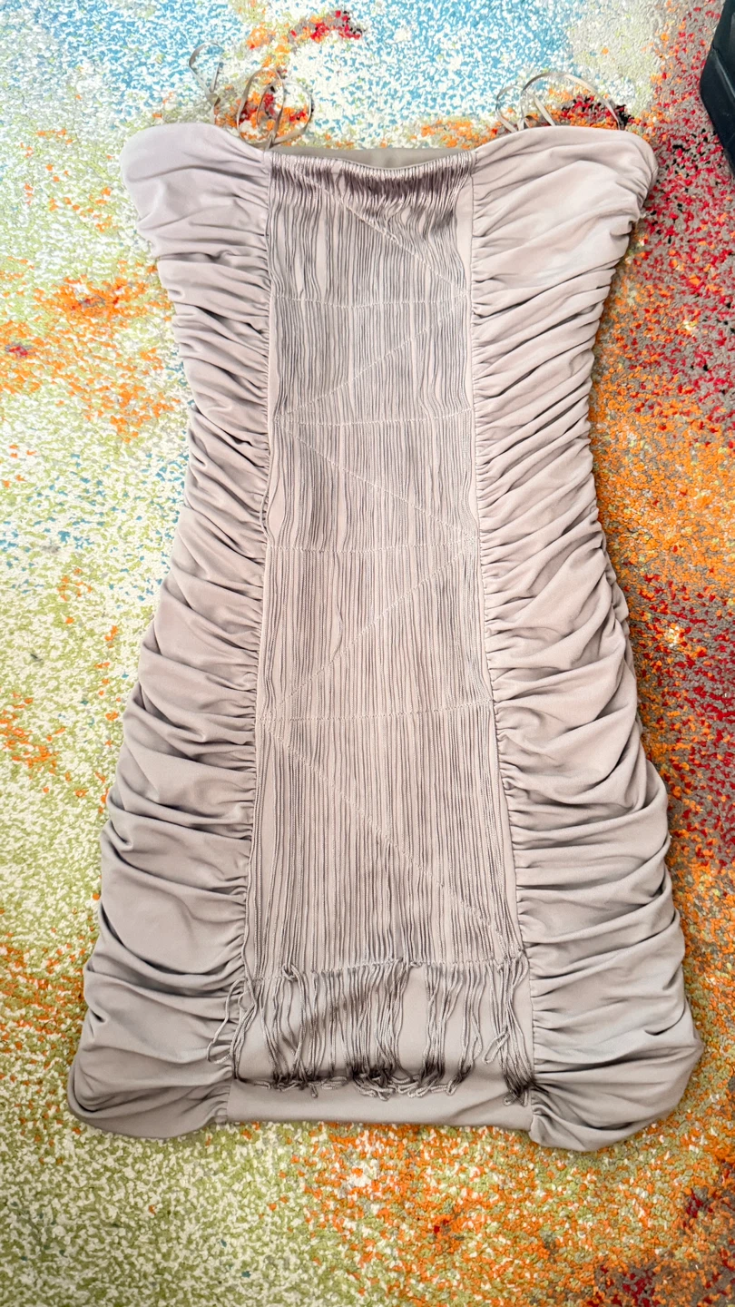 Strapless Ruched Fringe Dress. Size 8