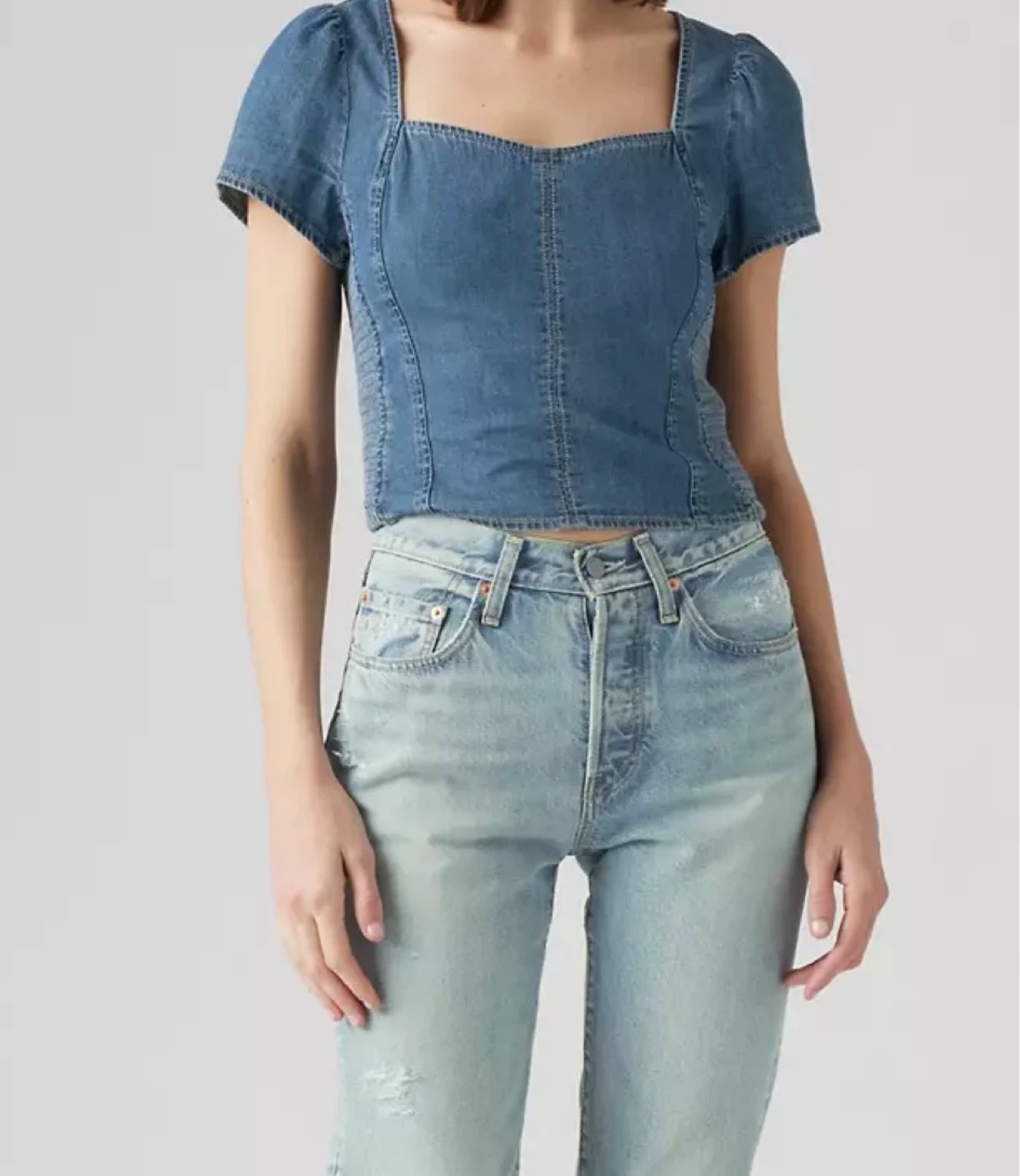 Levi's Women's Denim Square Neck Puff Sleeve Top XS - photo 3