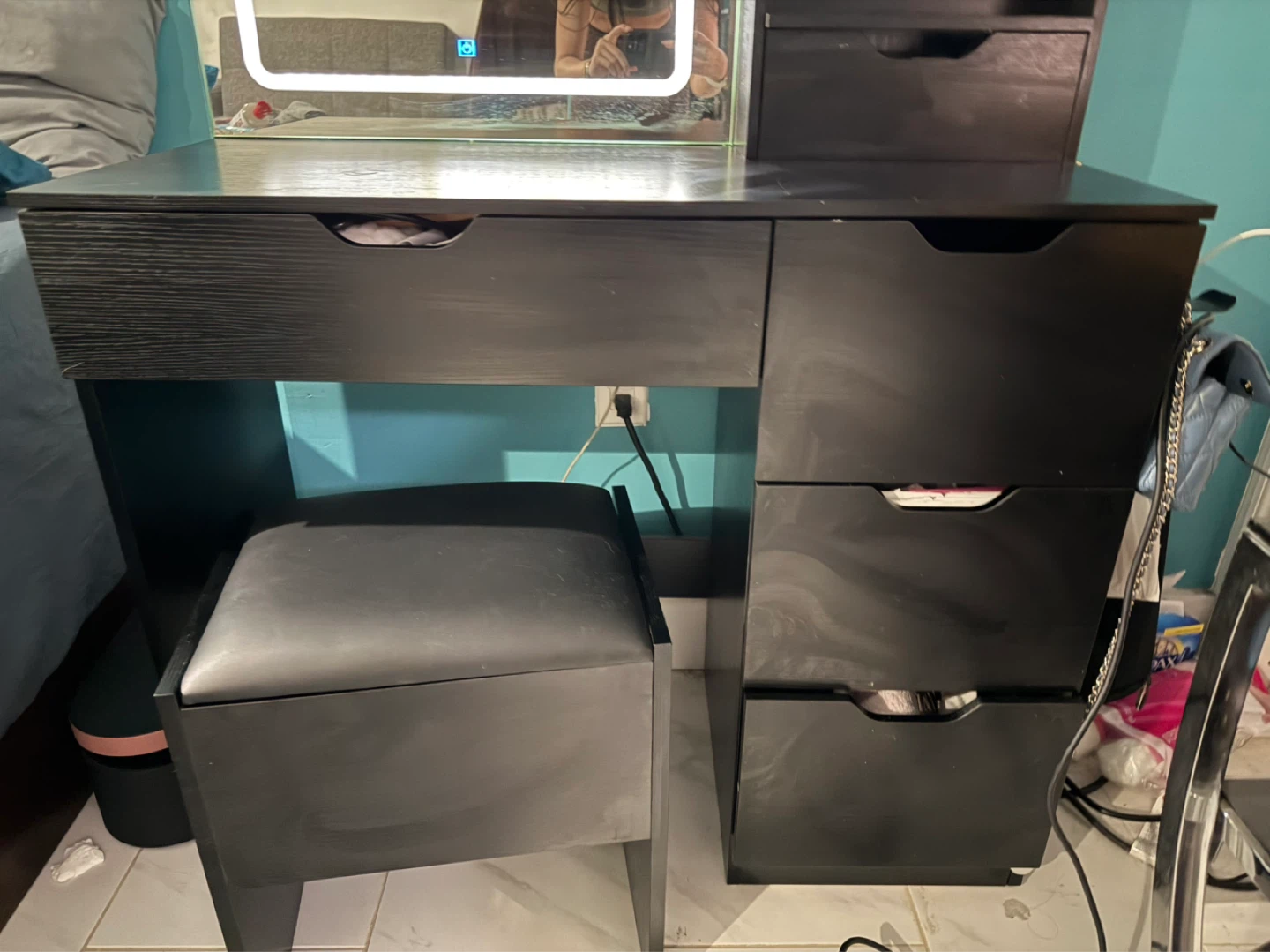 Black Vanity Desk with Light-Up Mirror and Stool - photo 4