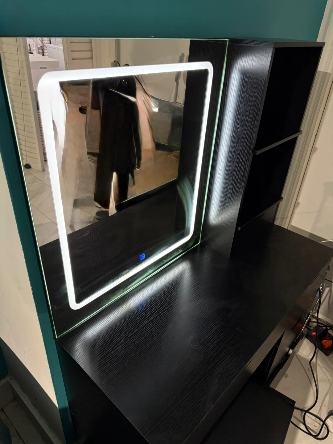 Black Vanity Desk with Light-Up Mirror and Stool