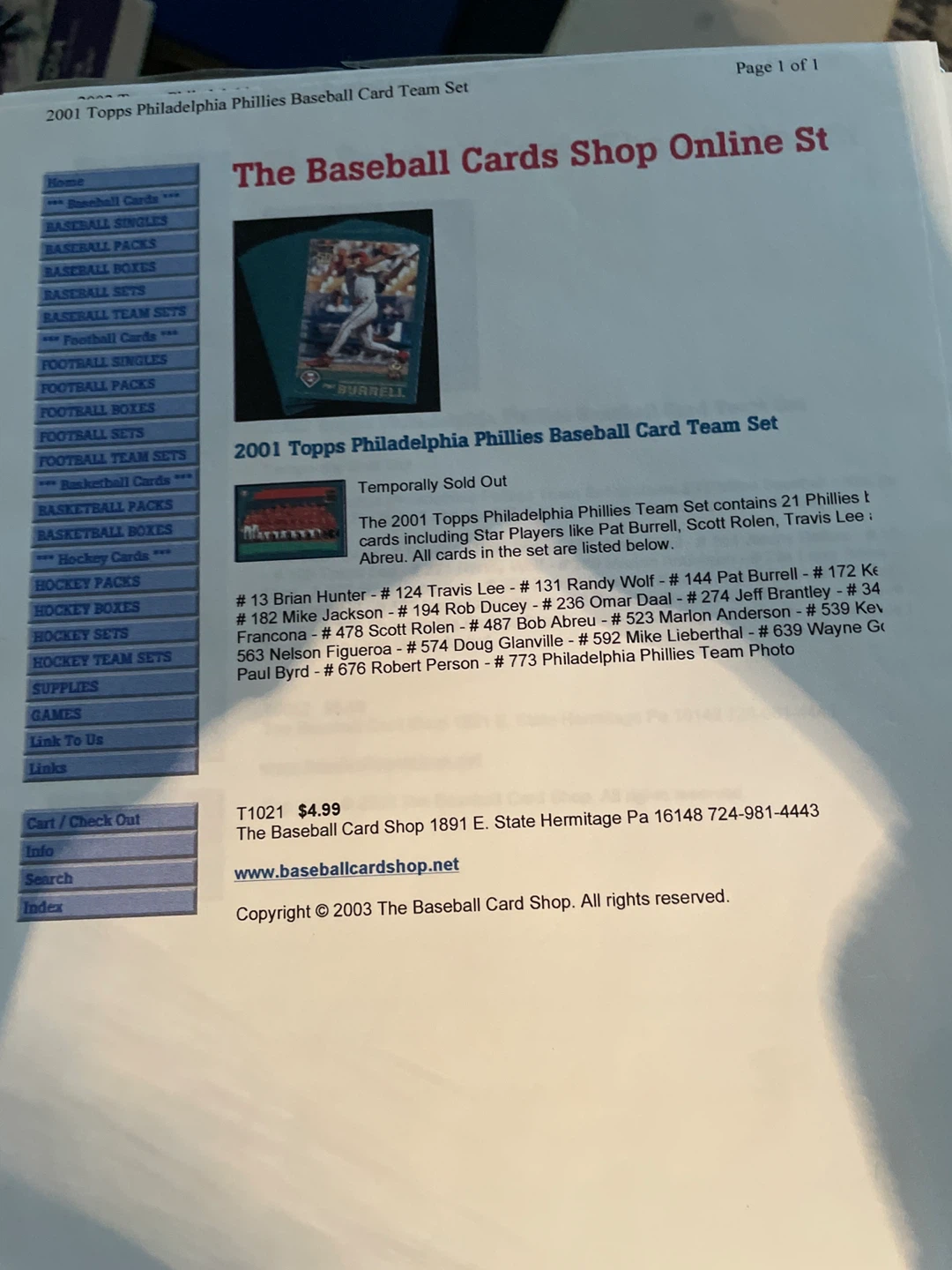 2001 Topps Philadelphia Phillies Baseball Card Set
