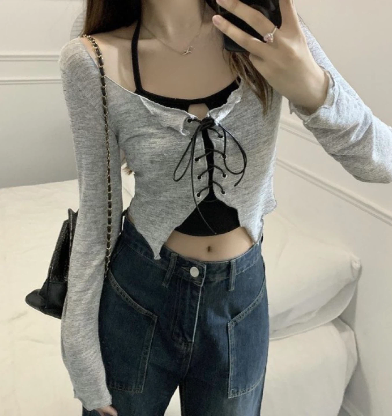Grey Lace-Up Cardigan Top + Black Tank Top