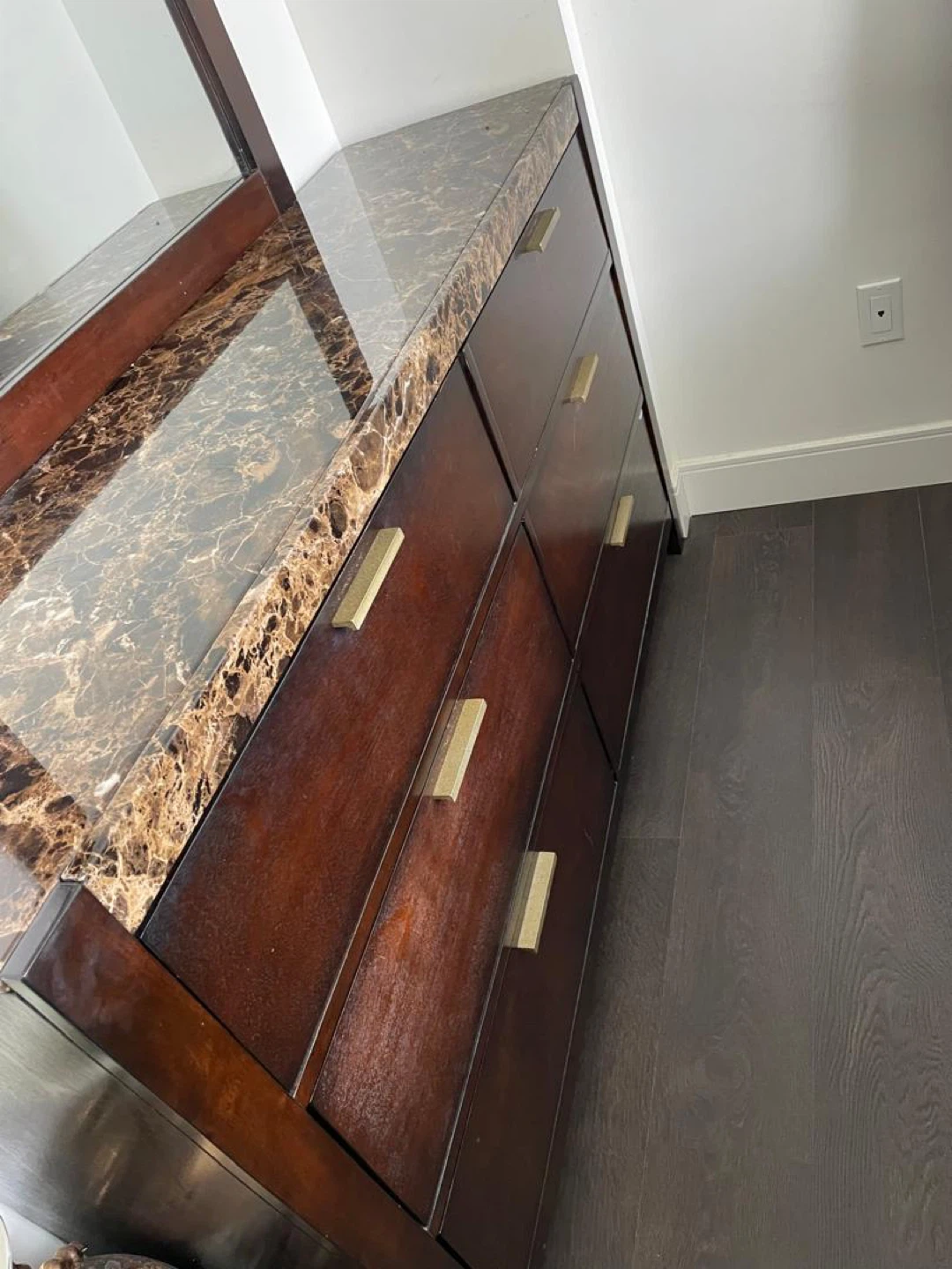 Dark Wood Headboard with Marble Top Dresser Set