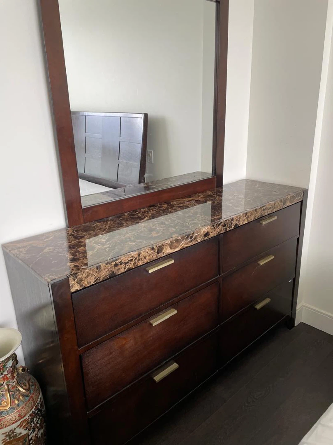 Dark Wood Headboard with Marble Top Dresser Set - photo 5