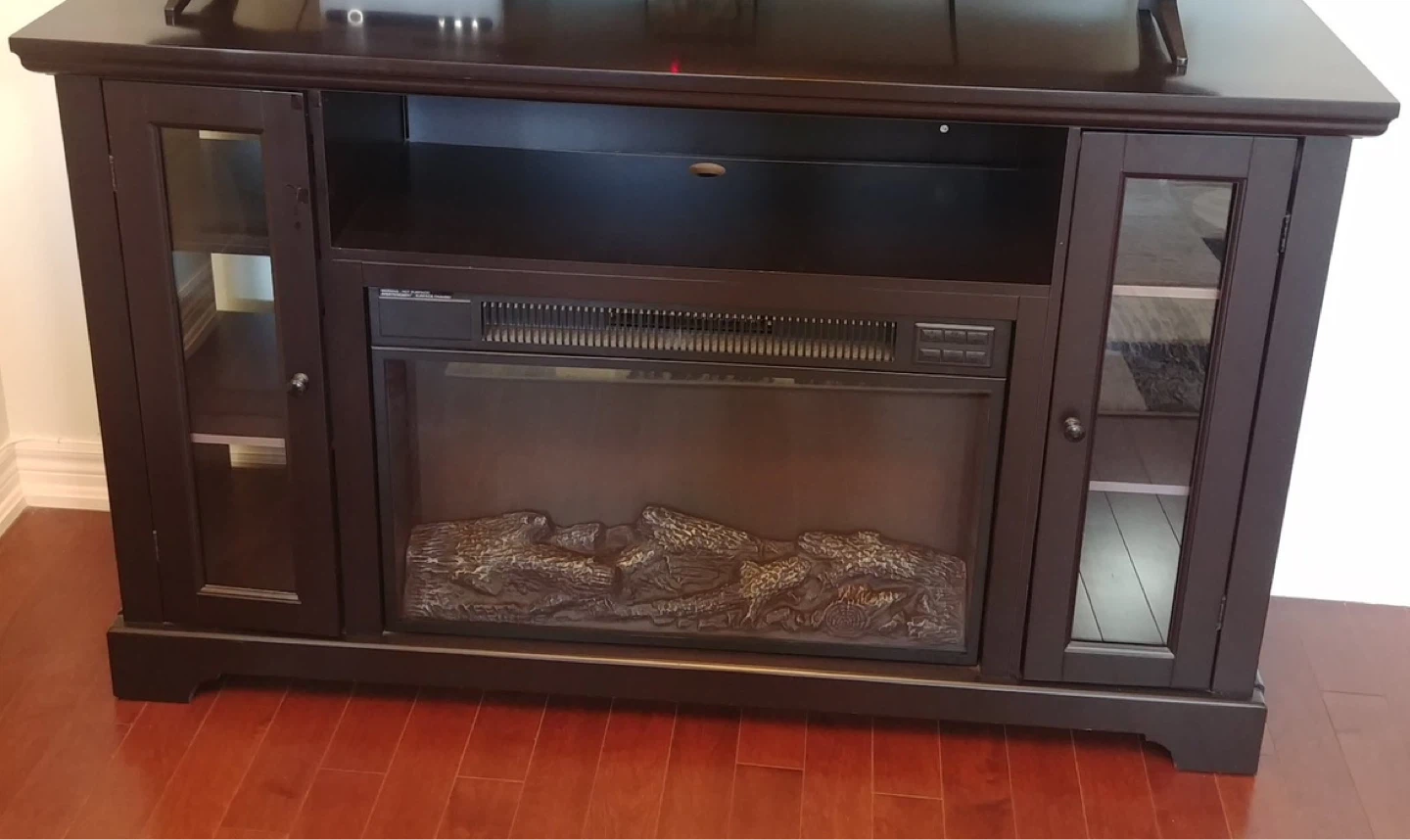 Dark Brown Electric Fireplace TV Stand with Glass Doors
