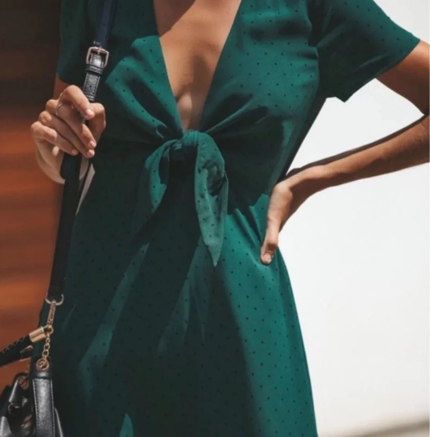 Green Polka Dot Tie-Front Midi Dress - Size Small - photo 2