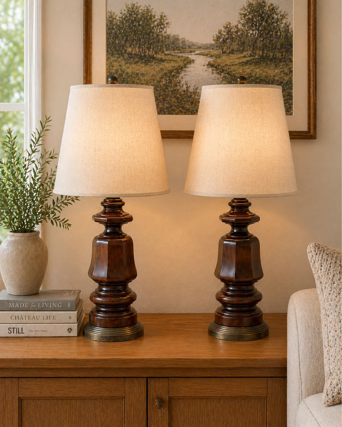 Vintage 1960 Rare Automax 11418 Hand-turned Oakwood Table Lamps