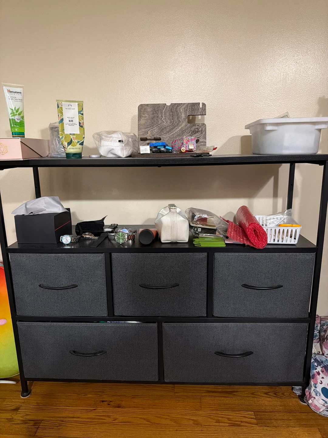 Grey Fabric Drawer Dresser with Black Metal Frame