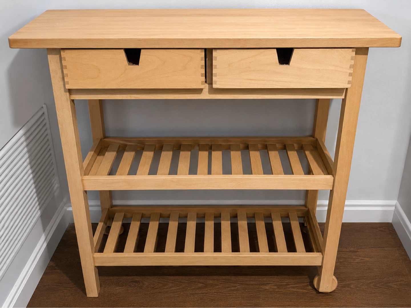 Wooden kitchen cart with 2 drawers and shelves
