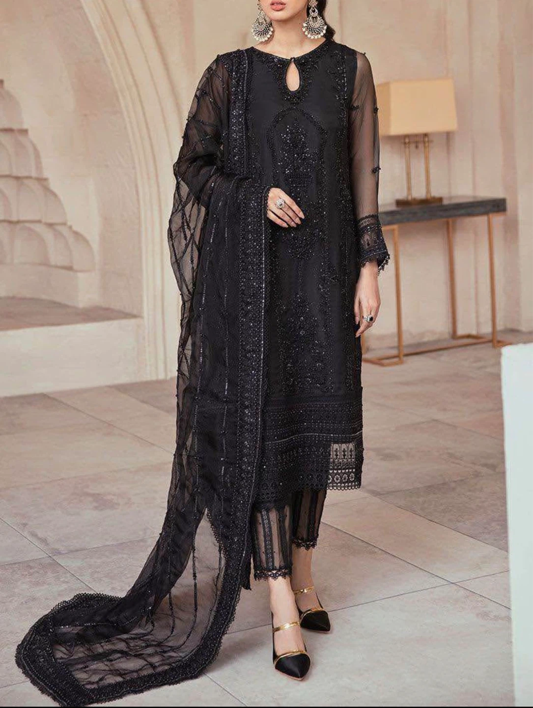 Women's Black Embroidered Dress with Dupatta