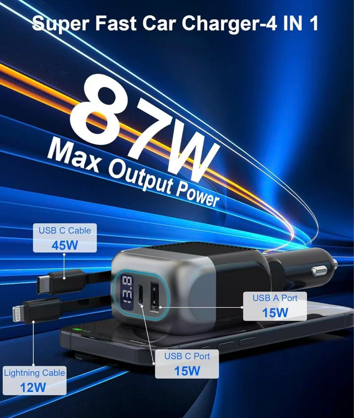 4-in-1 Retractable Car Charger with 87W Max Output - photo 3