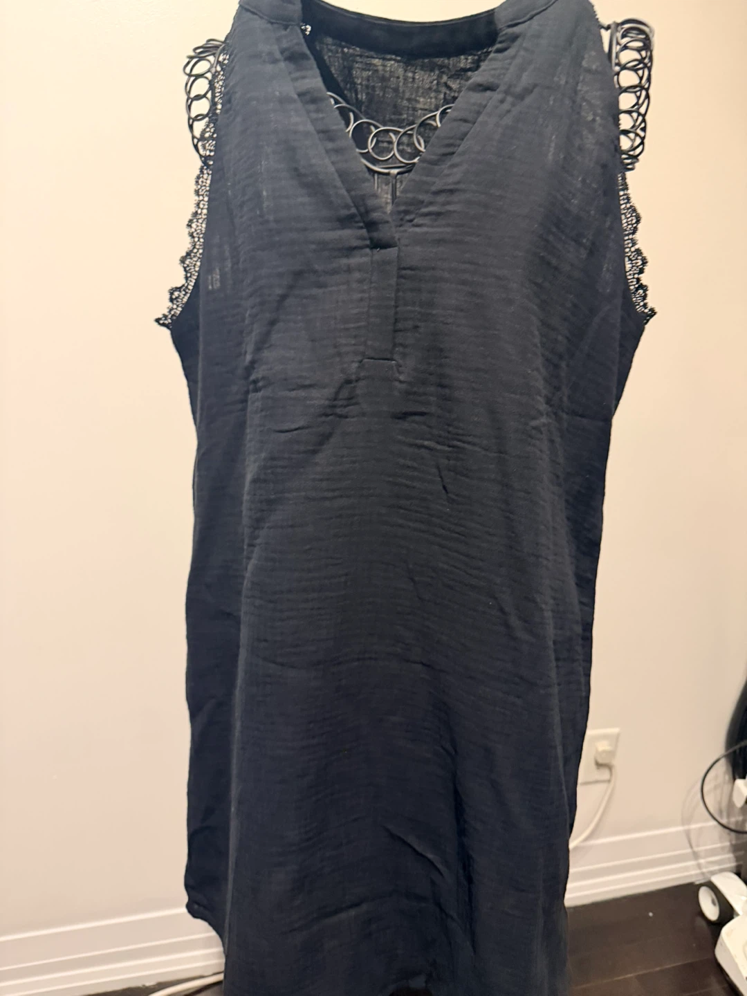 Black Cotton V-Neck dress with Lace Trim