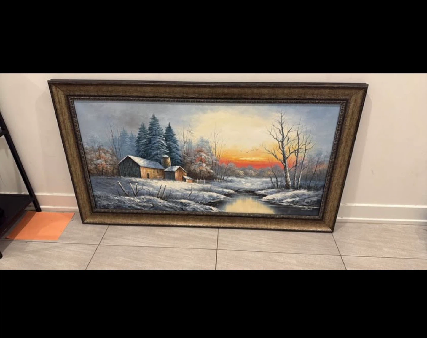 Framed Winter Landscape Oil Painting