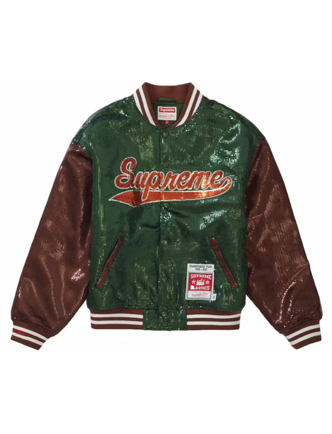 Supreme Sequin Varsity Jacket - Green/Brown, Large