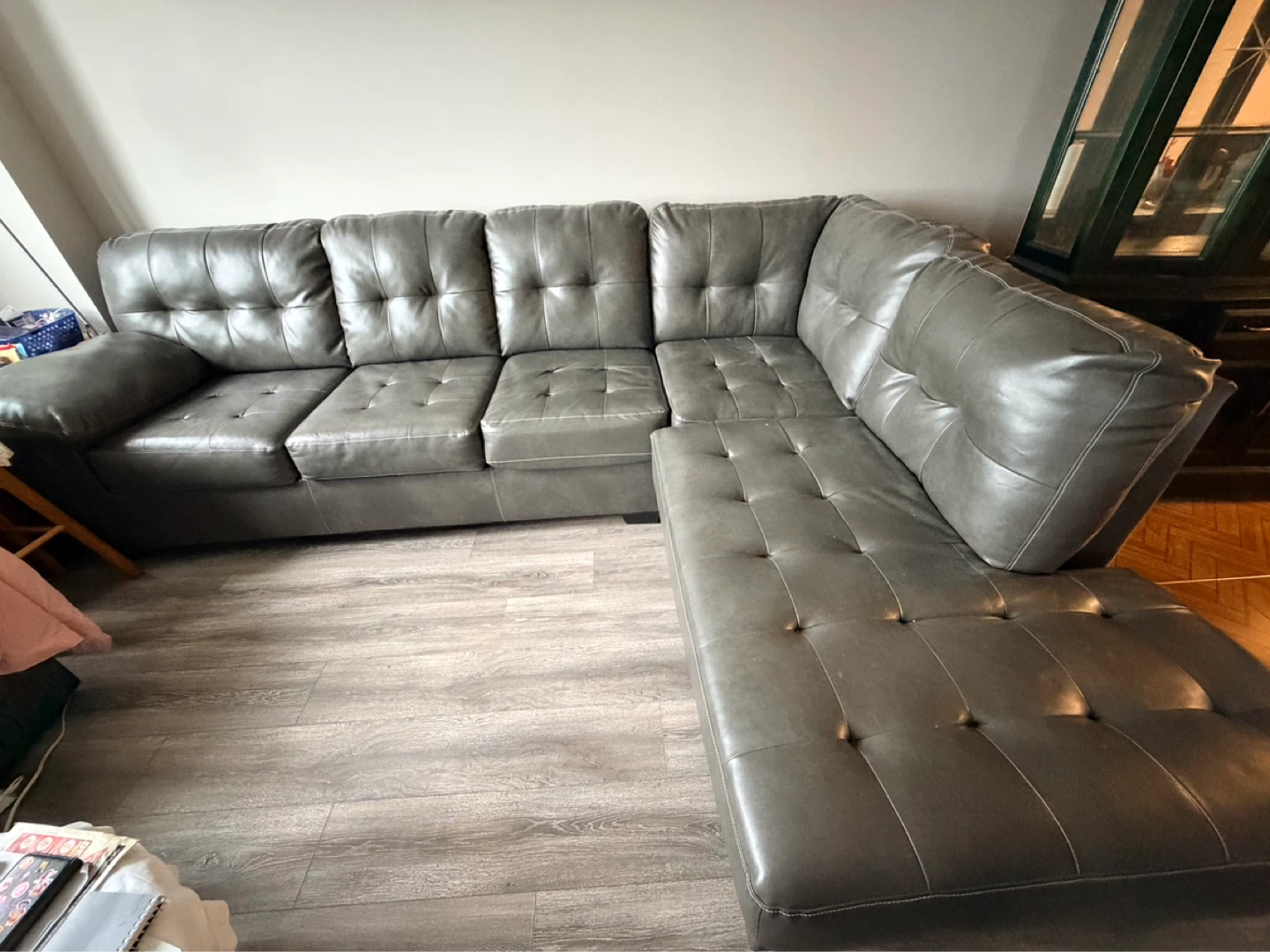 Grey Faux Leather Sectional Sofa with Chaise - photo 3