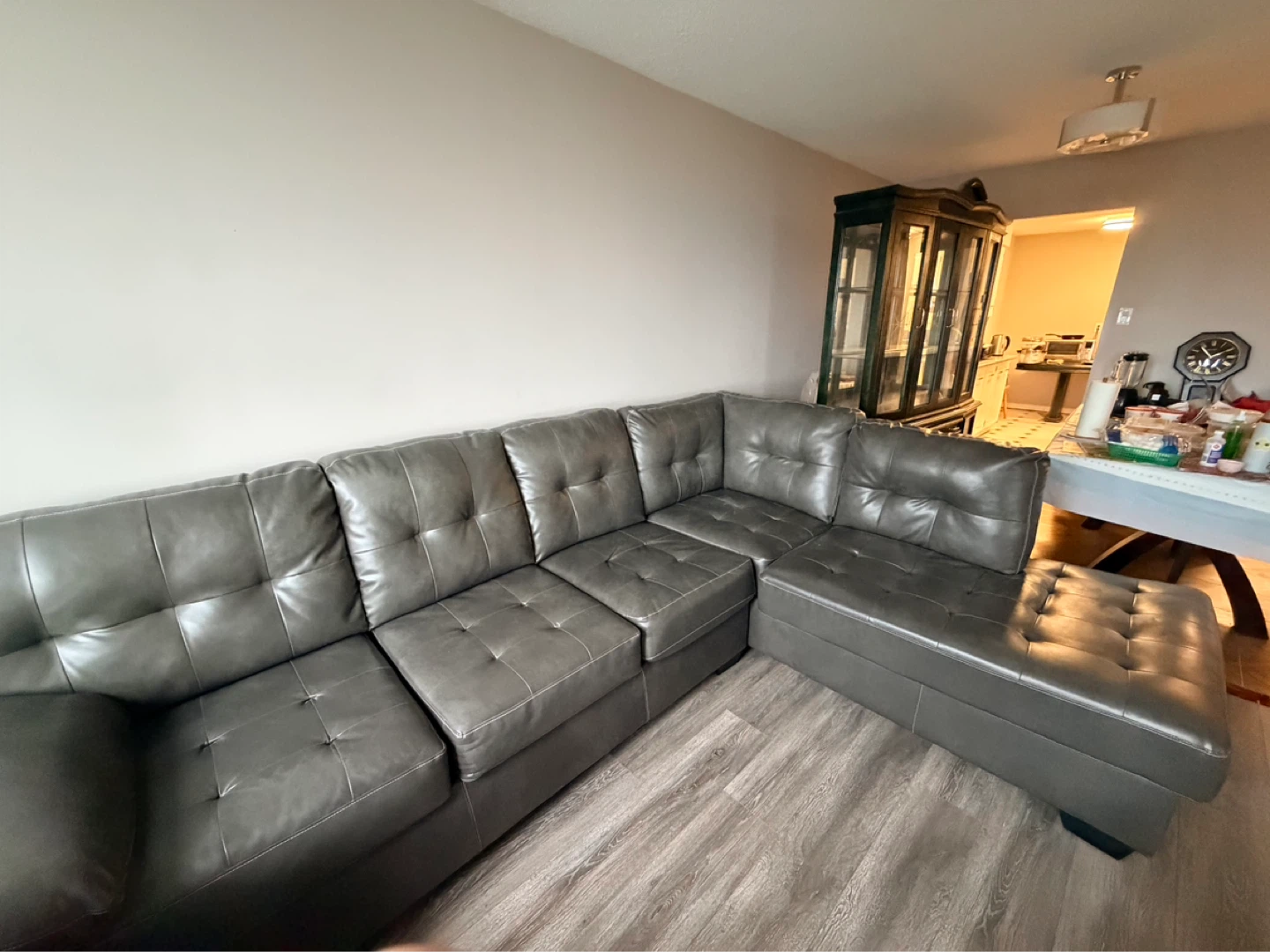 Grey Faux Leather Sectional Sofa with Chaise