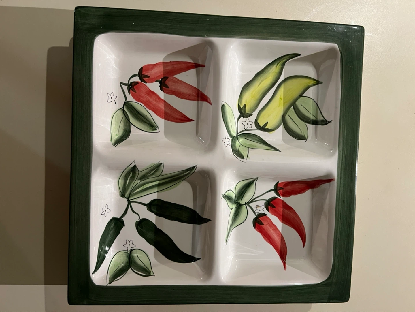 Hand-Painted Divided Serving Platter with Chili Pepper Design