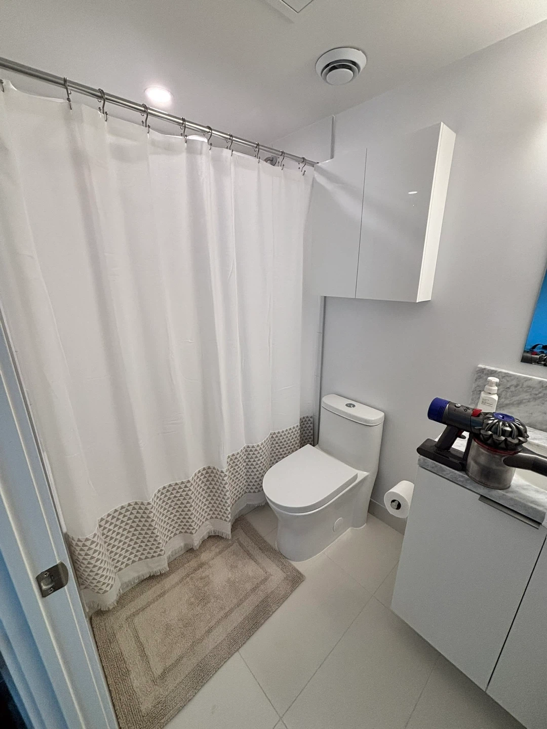 Fabric Shower Curtain + Shower Caddy