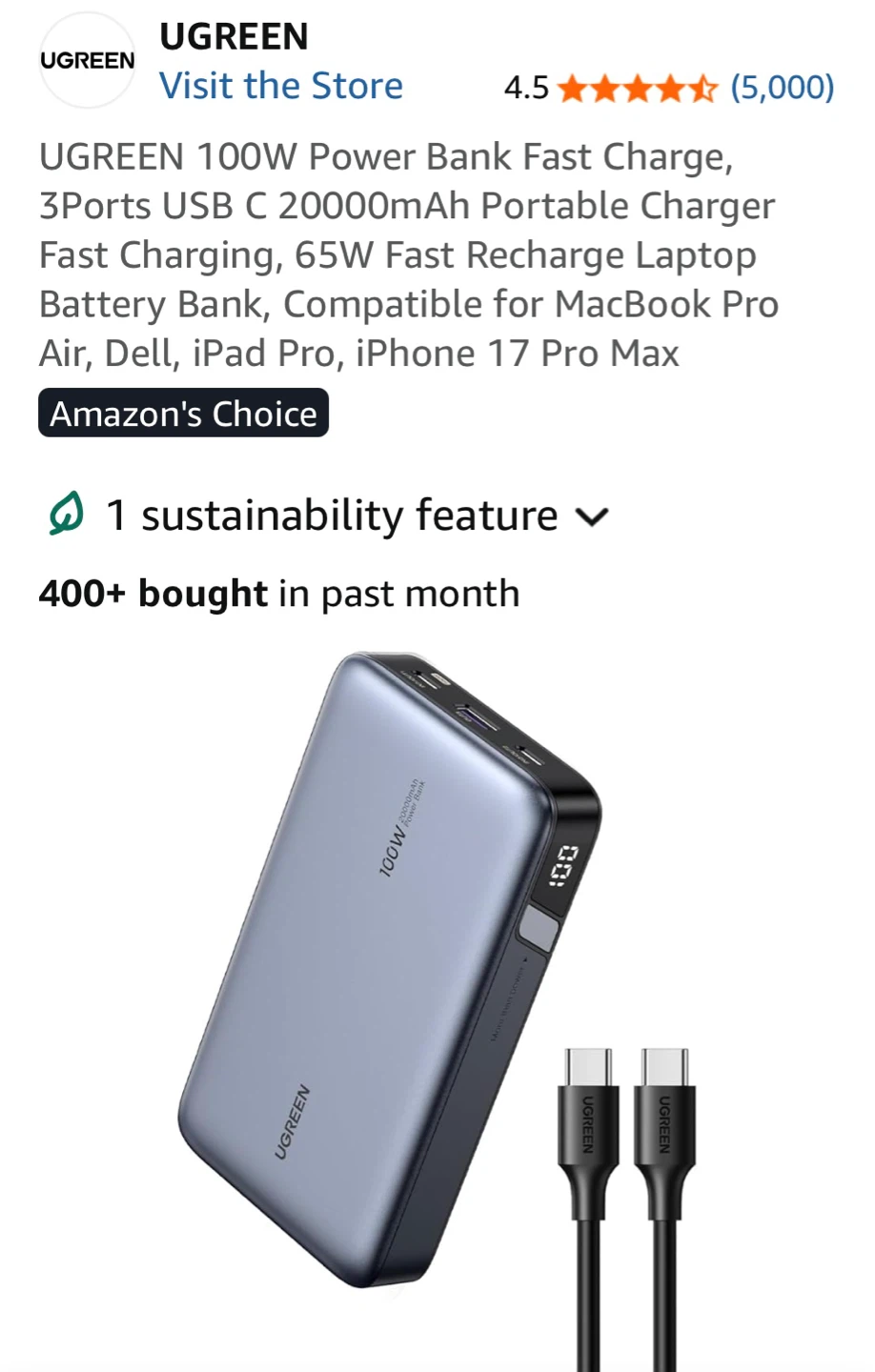 UGREEN 100W 20000mAh Power Bank Fast Charge - photo 2