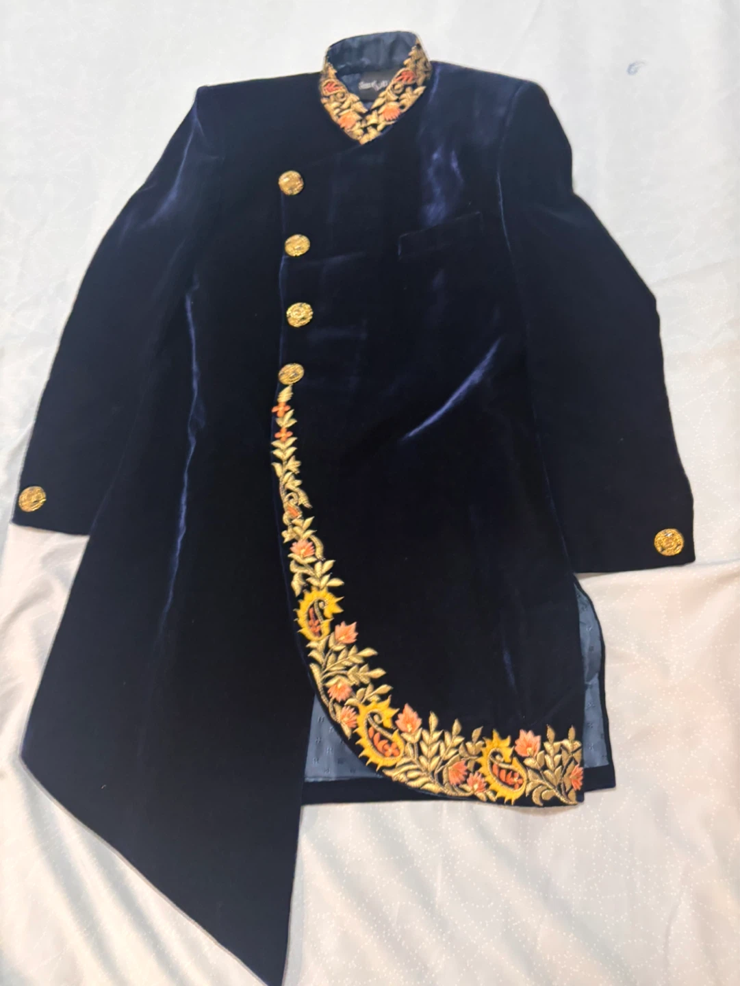 Boys Navy Velvet Sherwani with Gold Embroidery and Pants