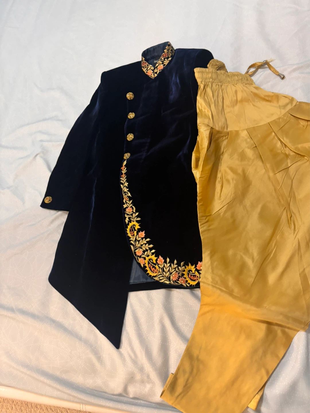 Boys Navy Velvet Sherwani with Gold Embroidery and Pants - photo 4