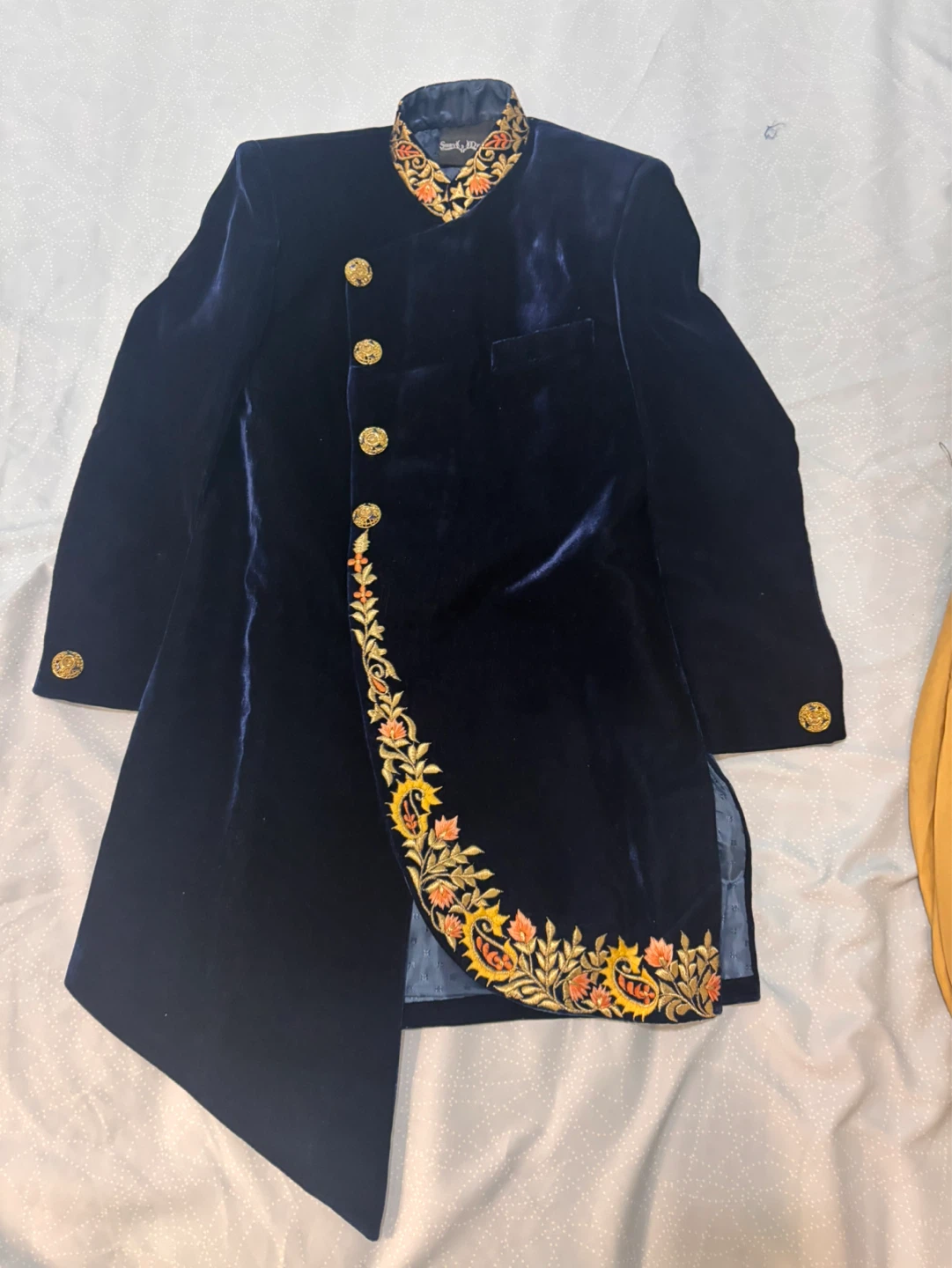 Boys Navy Velvet Sherwani with Gold Embroidery and Pants - photo 2