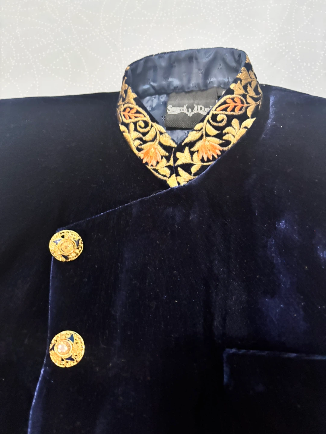 Boys Navy Velvet Sherwani with Gold Embroidery and Pants - photo 3