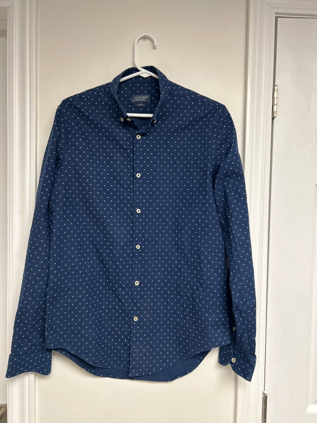 Zara Man Slim Fit Navy Polka Dot Button-Up Shirt