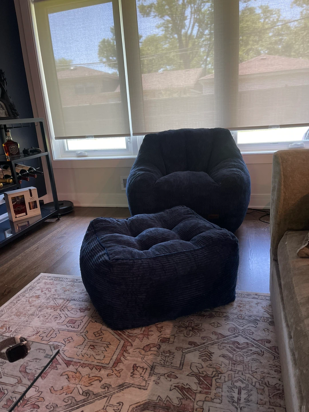Navy Blue Corduroy Bean Bag Chair and Ottoman Set