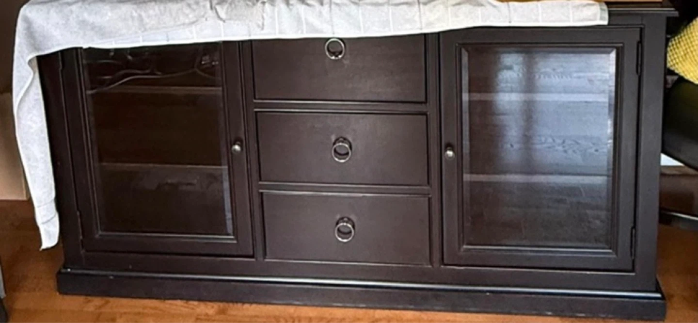 Dark Wood Buffet with Glass Doors and Drawers