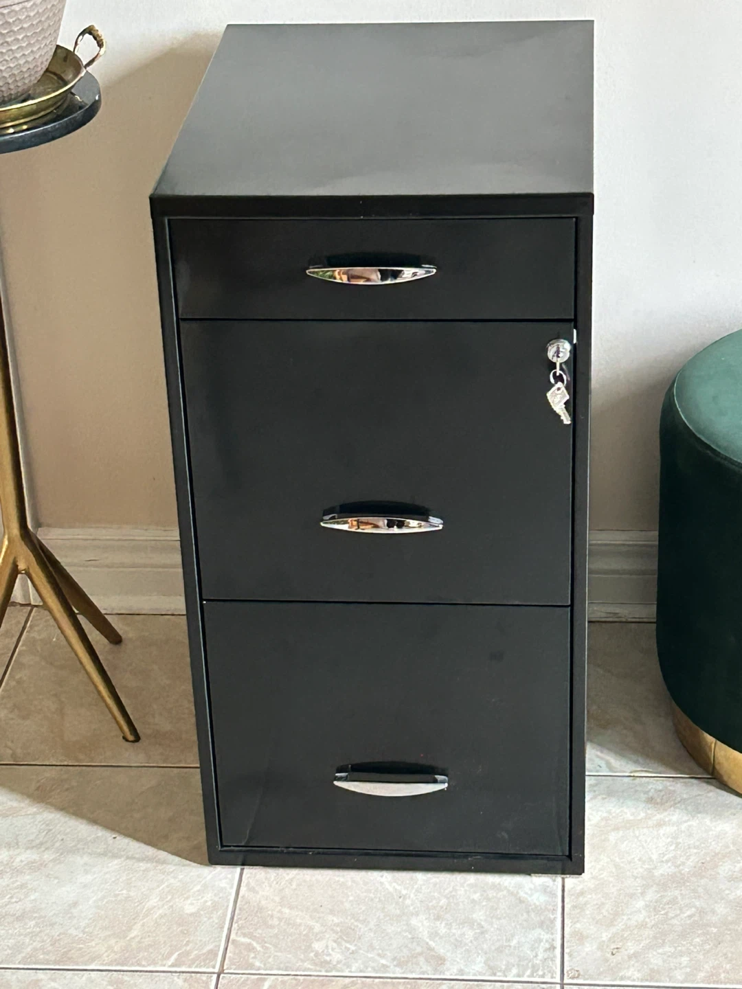 Black 3-Drawer Filing Cabinet with Lock