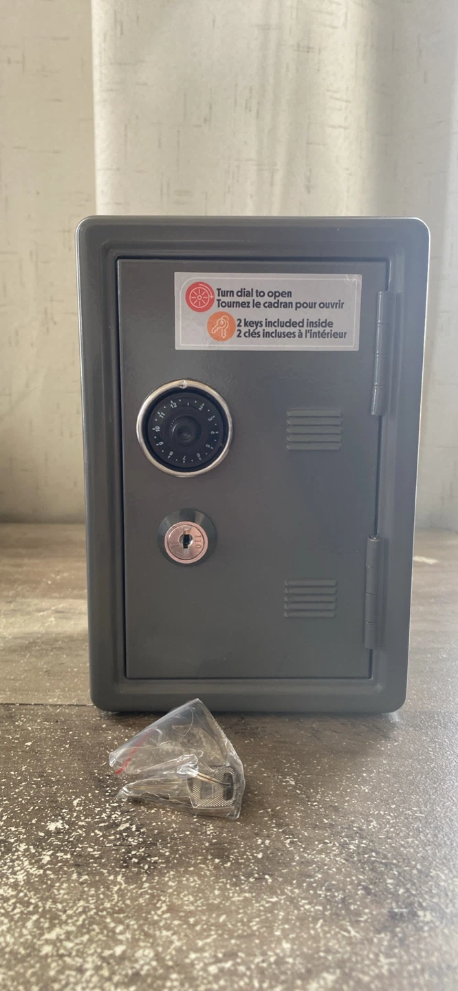 Grey Metal Coin Bank Safe with Key - Brand New