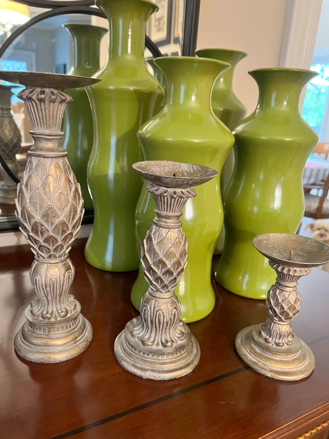 Set of 3 Antique Gold Pineapple Candlesticks