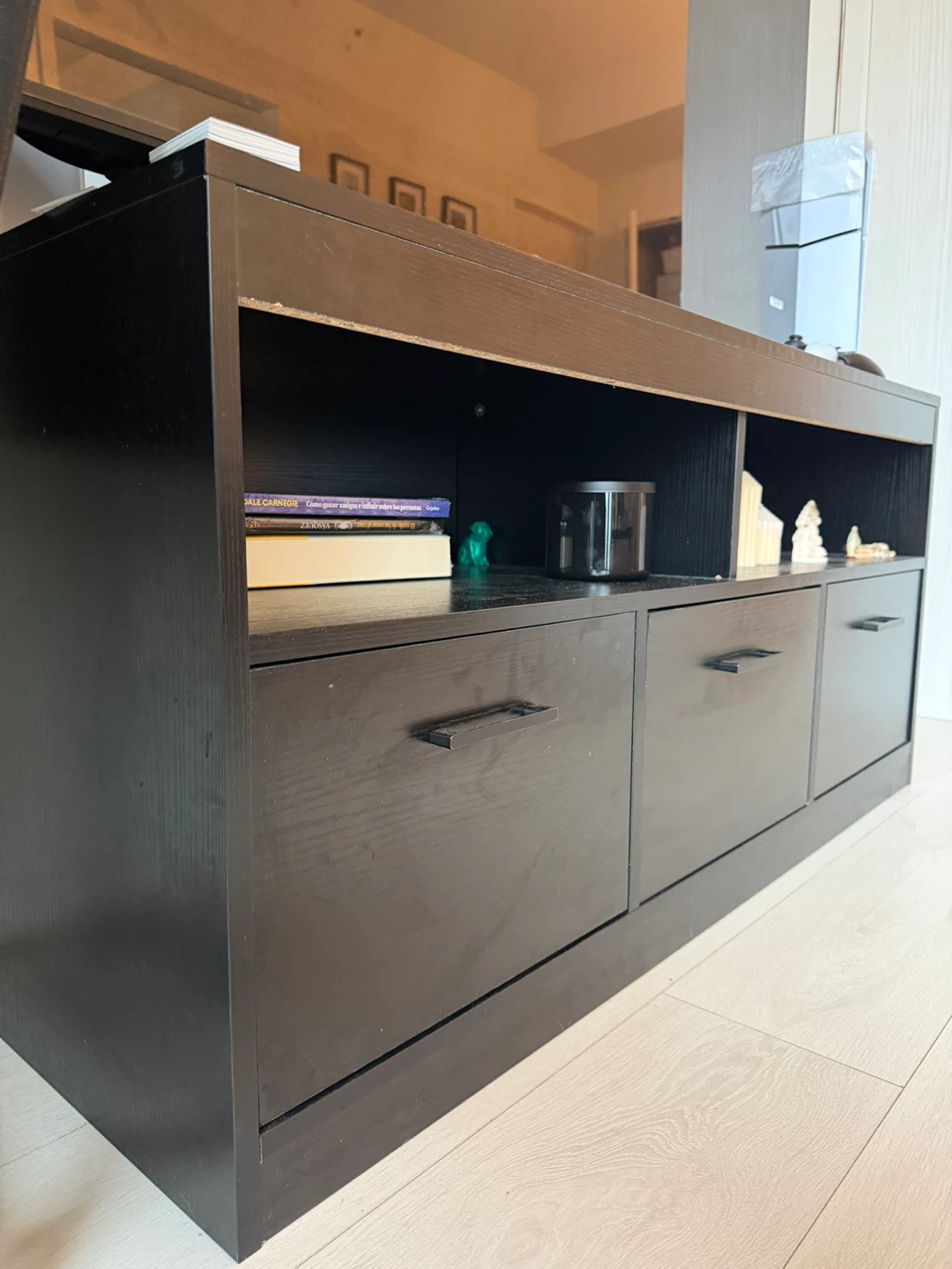 Black Entertainment Unit with 3 Drawers and Shelves - photo 3
