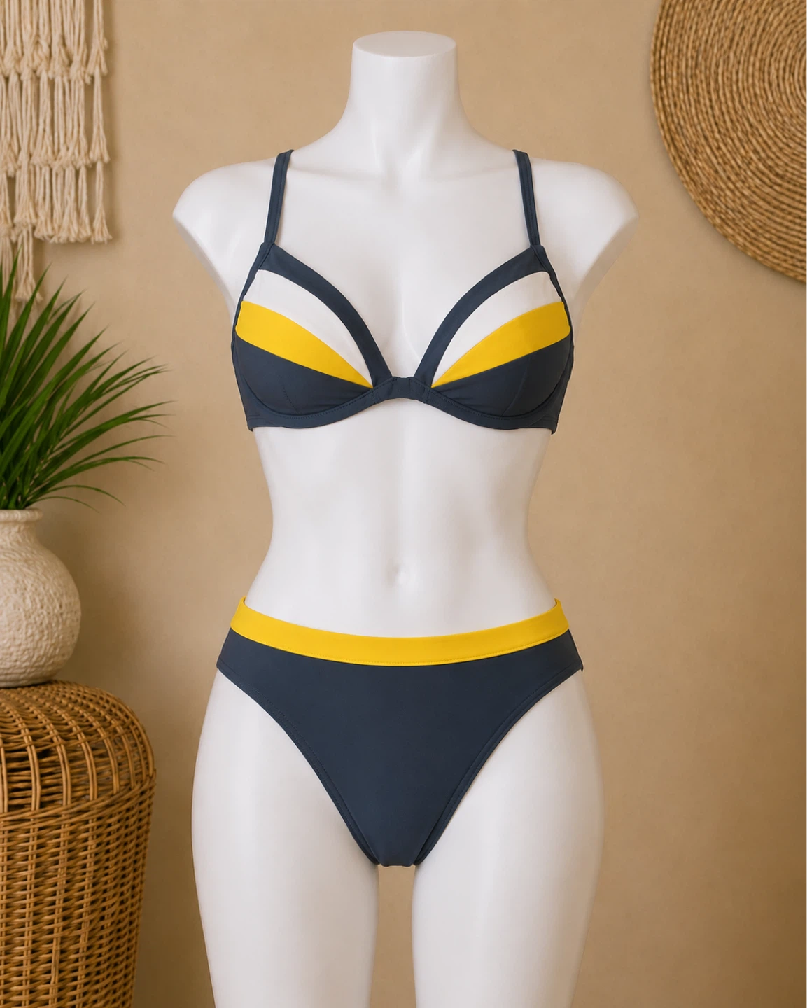 Women's Bikini Set - Navy Blue  and Yellow