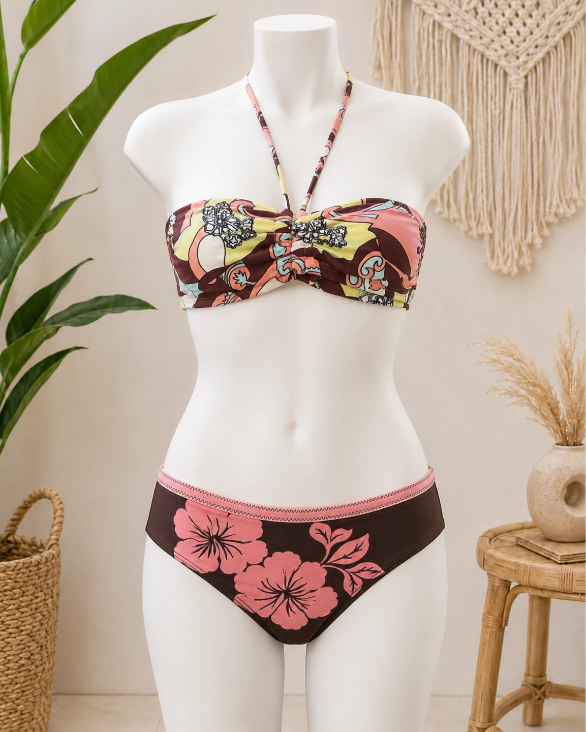 Brownish Burgundy Floral Halter Bikini Swimsuit