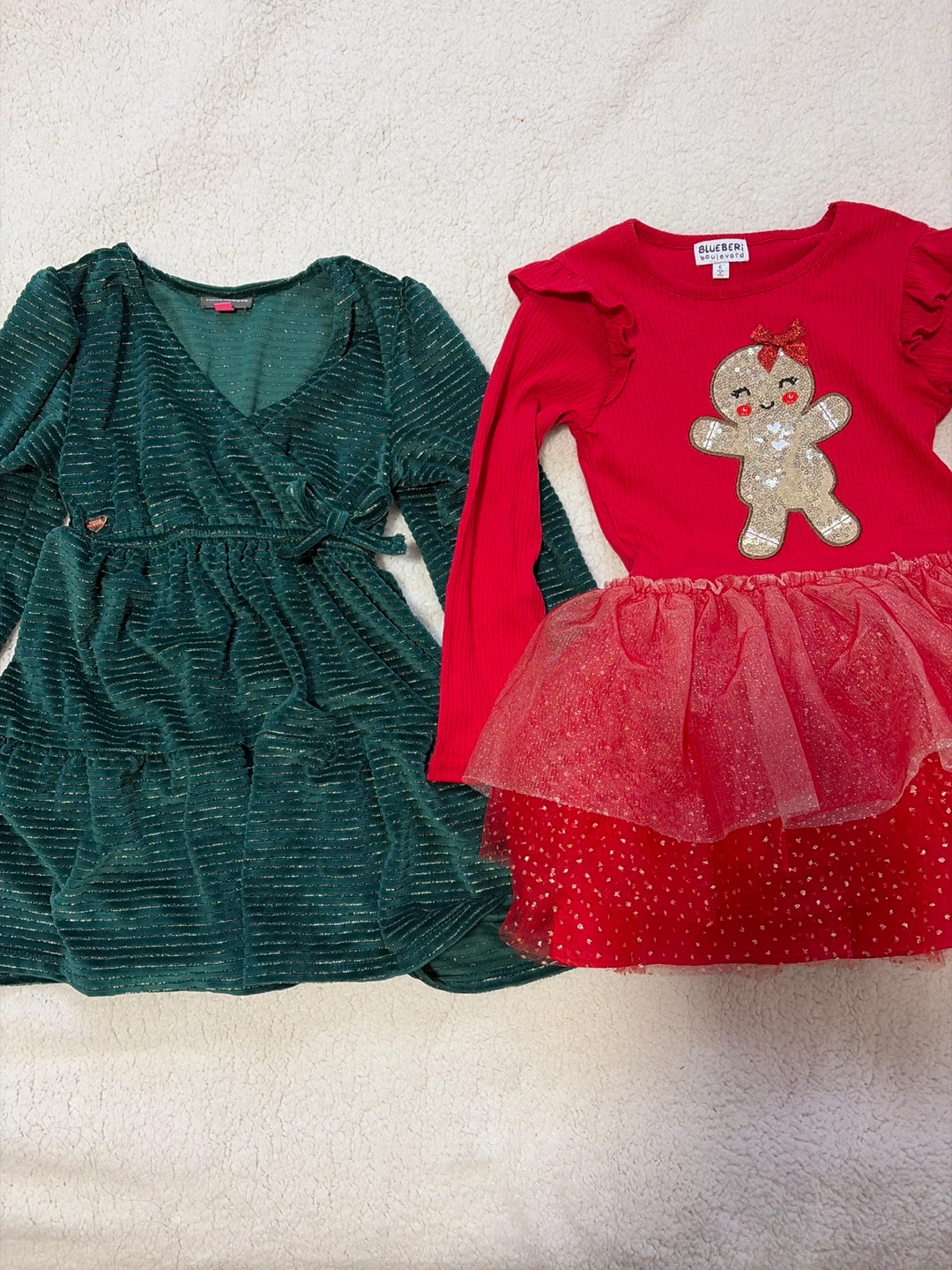 Girls Dresses - Green Velour & Red Gingerbread