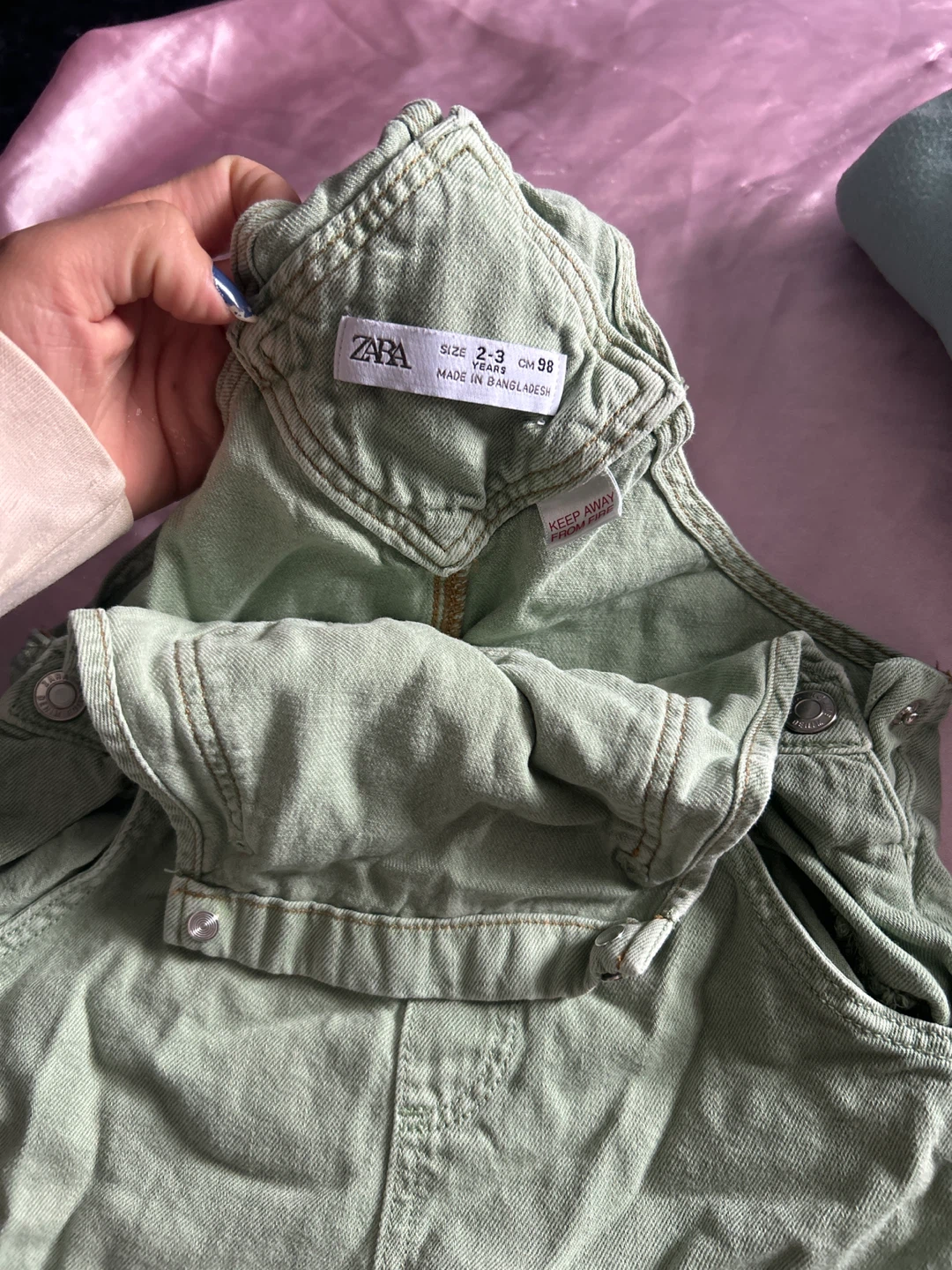 Zara Kids Light Green Denim Overalls Size 2-3 Years - photo 3