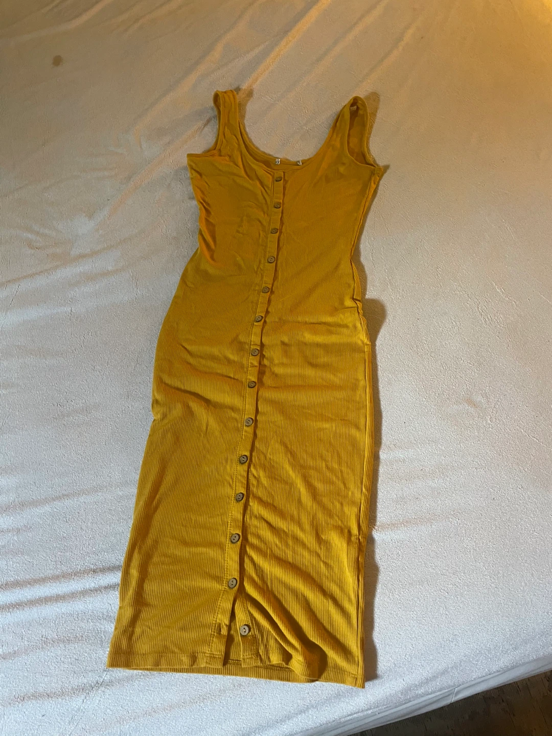 Yellow Ribbed Button-Up Midi Dress