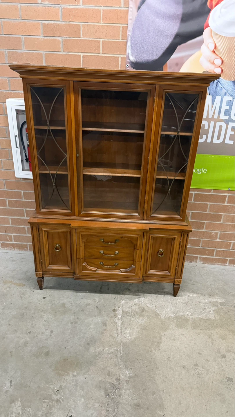 Vintage Wood China Cabinet with Glass Doors