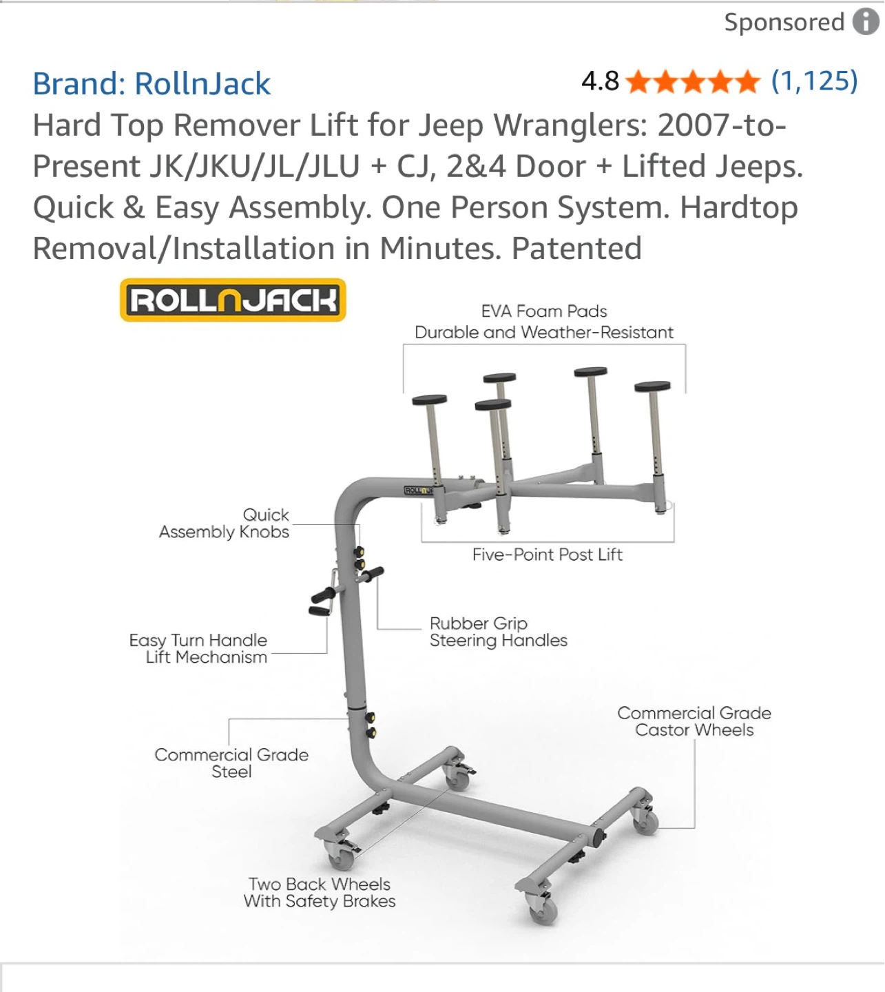 RollnJack Hard Top Remover Lift for Jeep Wranglers