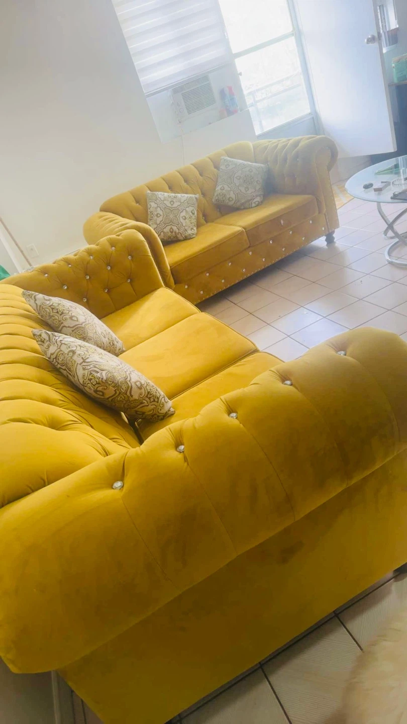 Yellow Velvet Tufted Sofa with Crystal Accents