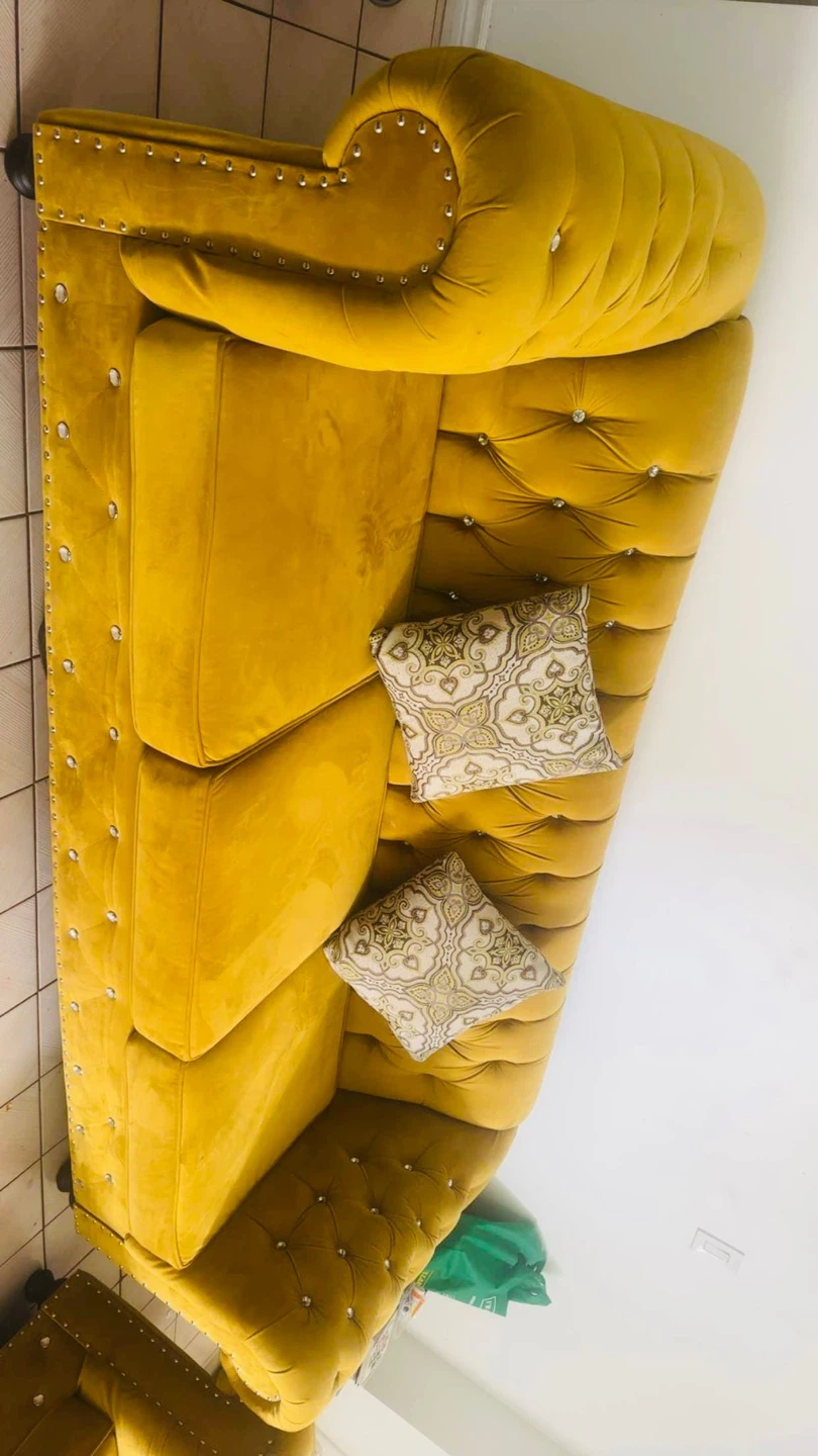 Yellow Velvet Tufted Sofa with Crystal Accents - photo 2