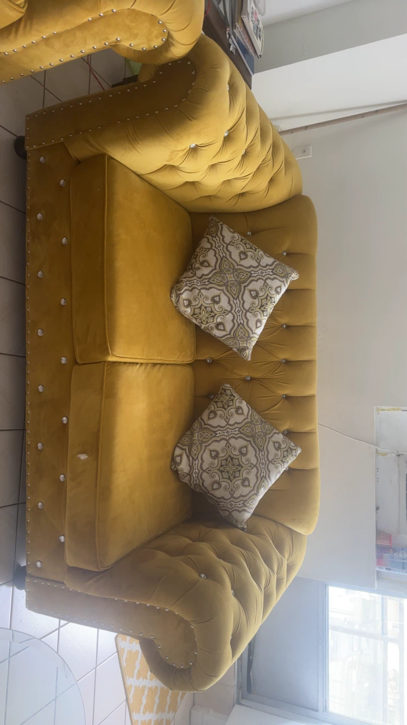 Yellow Velvet Tufted Sofa with Crystal Accents - photo 3