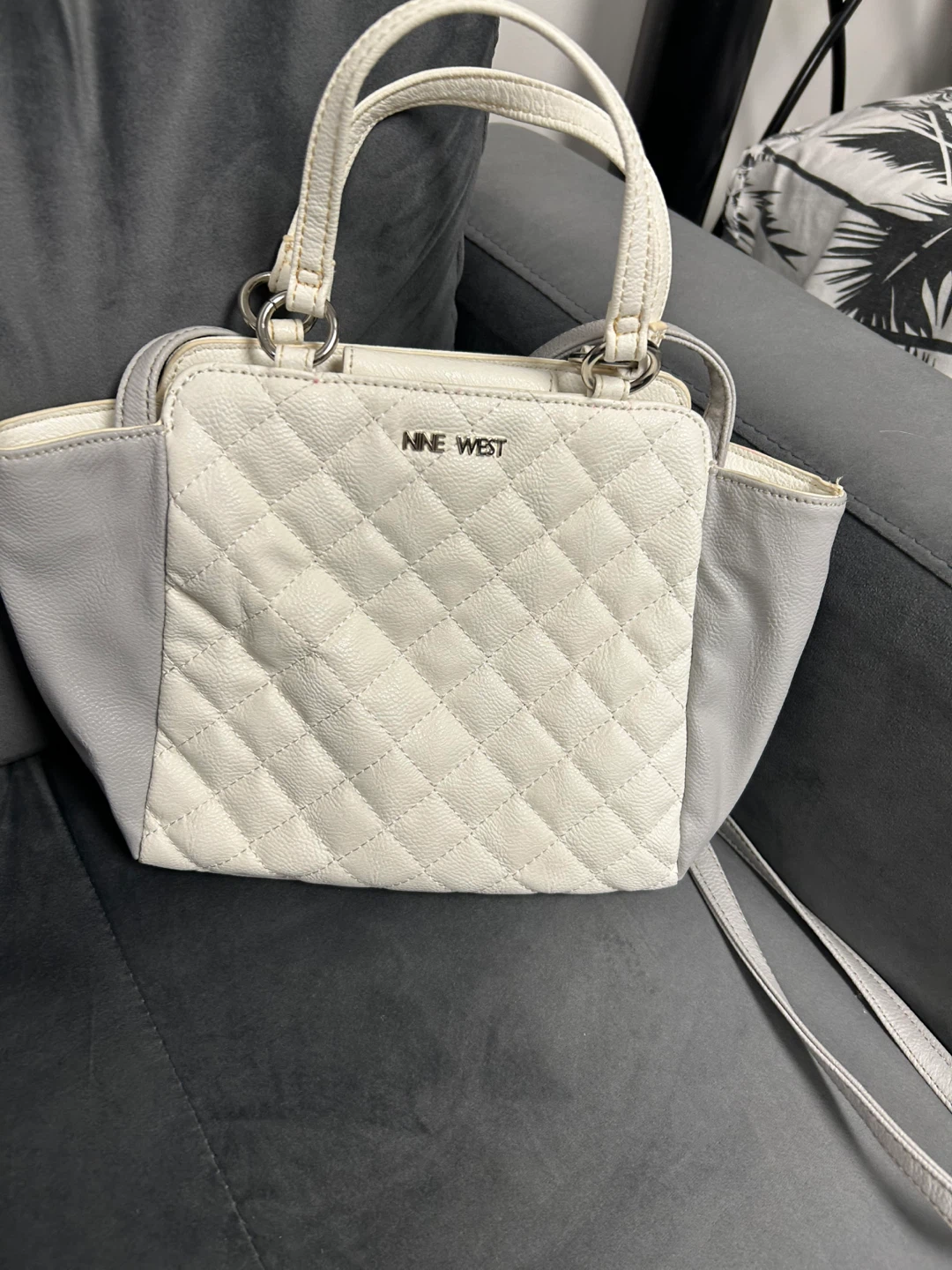 Nine West White & Grey Quilted Satchel Handbag