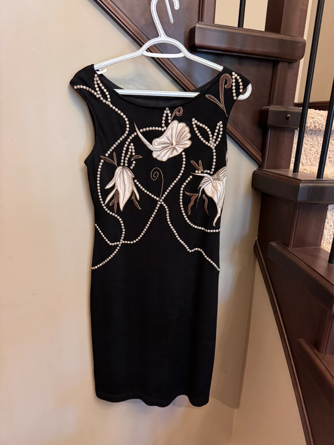 Black Sleeveless Dress with Pearl and Floral Embellishments