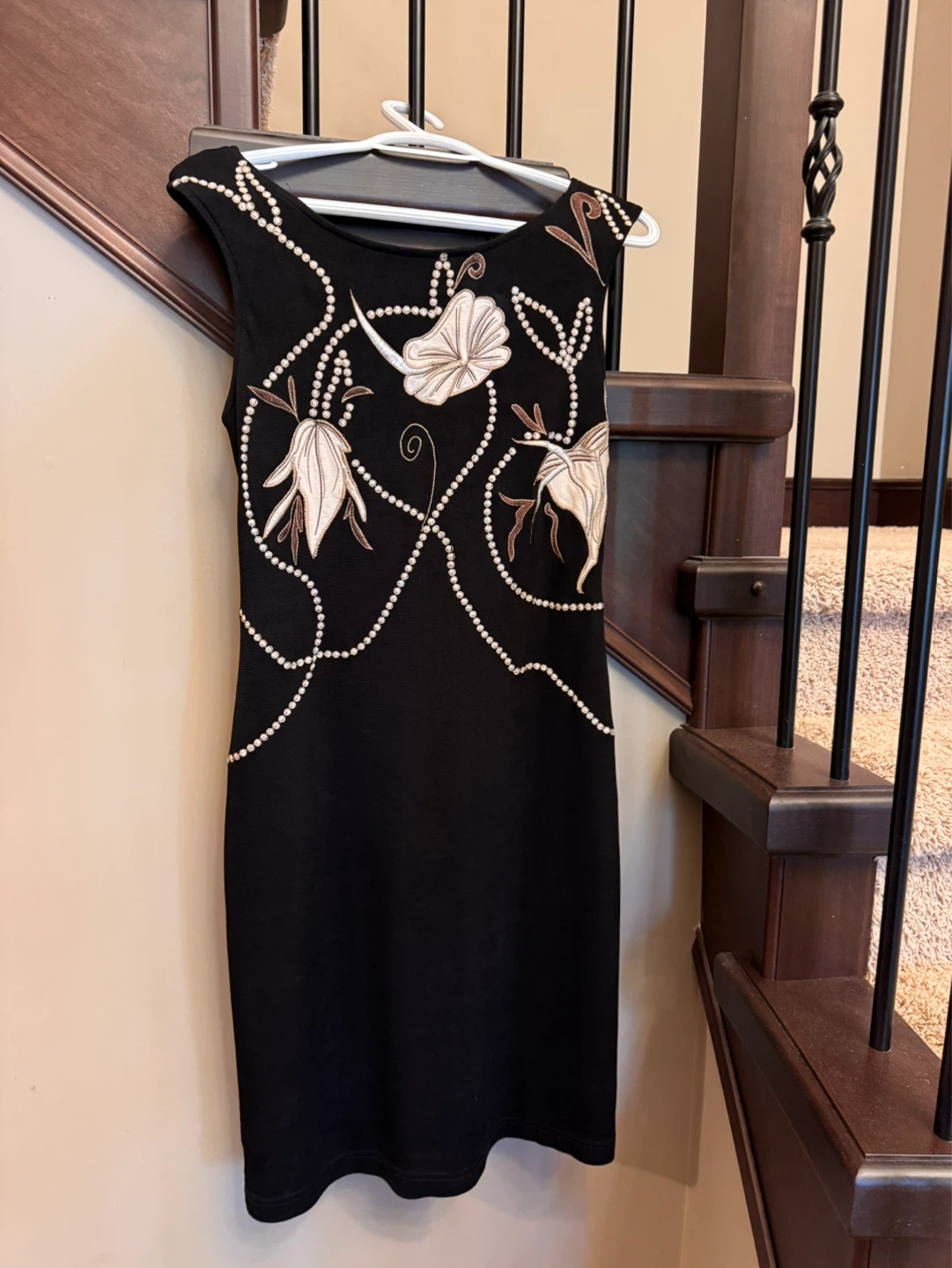 Black Sleeveless Dress with Pearl and Floral Embellishments - photo 3