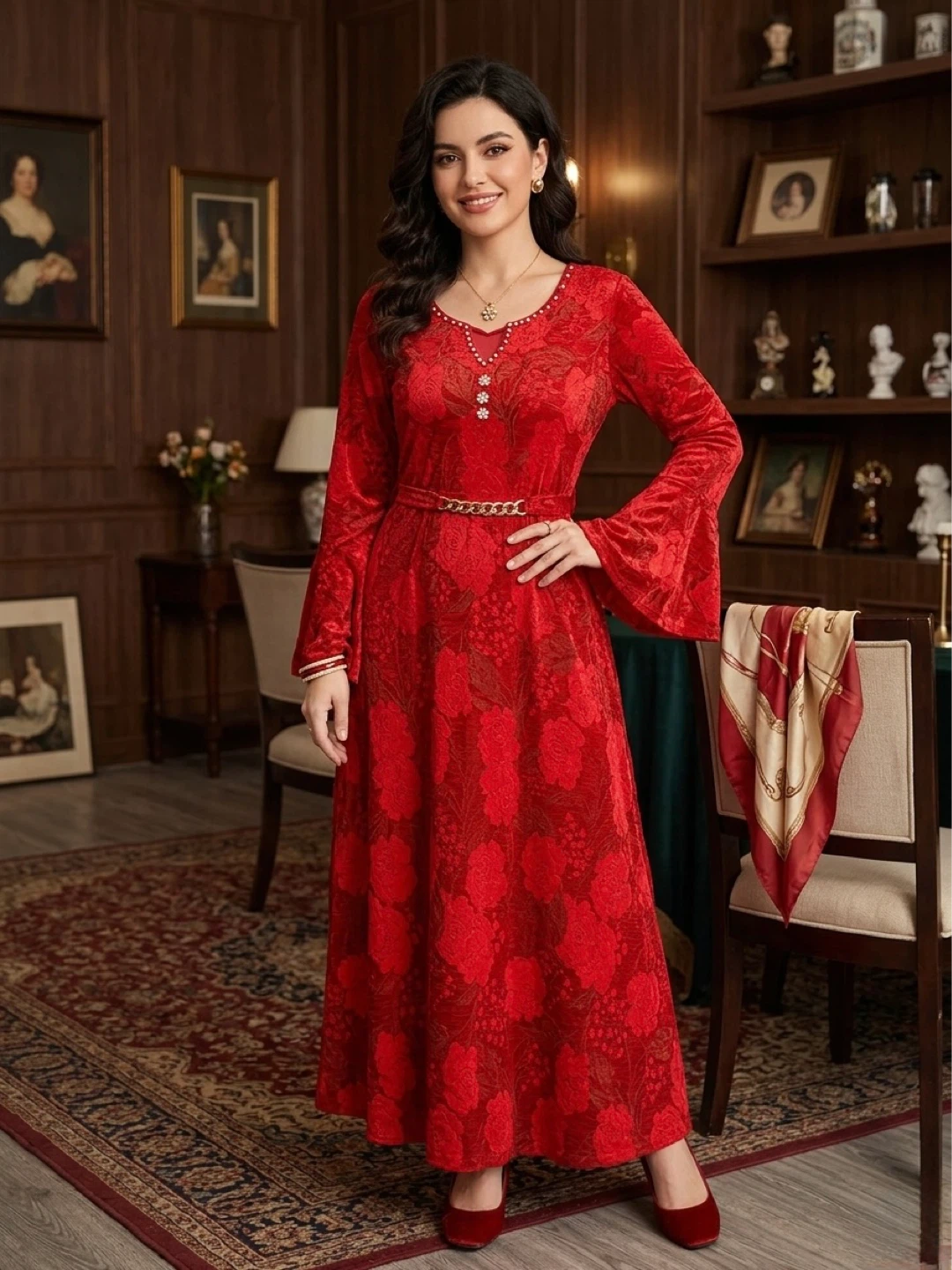 Gorgeous Red Floral Maxi Dress with Bell Sleeves